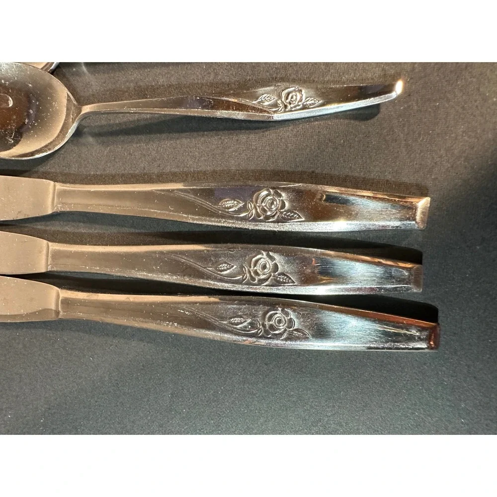 Vintage Japan Stainless Steel Flatware Rose Embossed Floral 15 Piece Mixed Lot